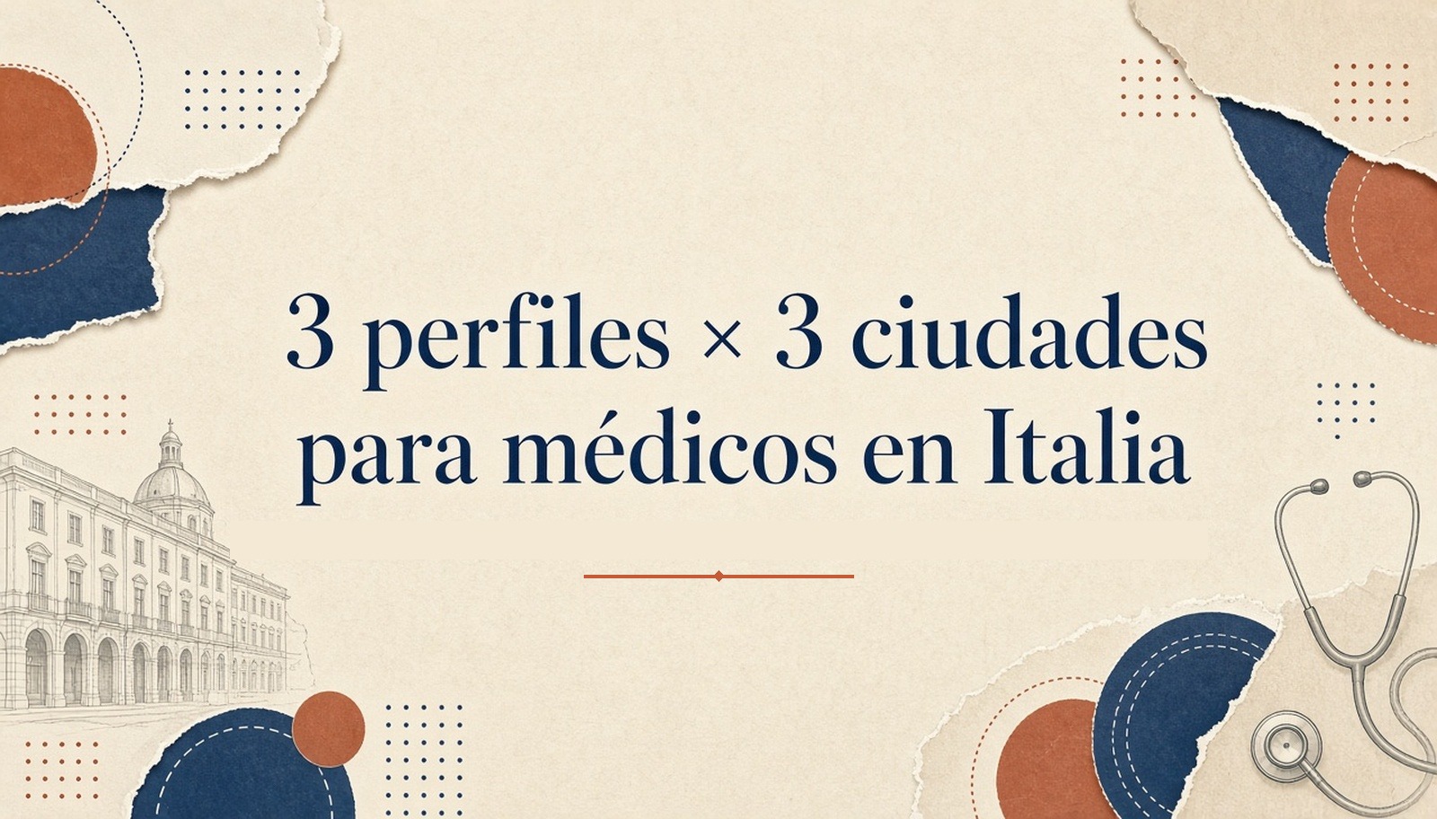 Collage editorial Atlas: 3 perfiles médicos × 3 tipos de ciudad en pergamino navy y terracotta