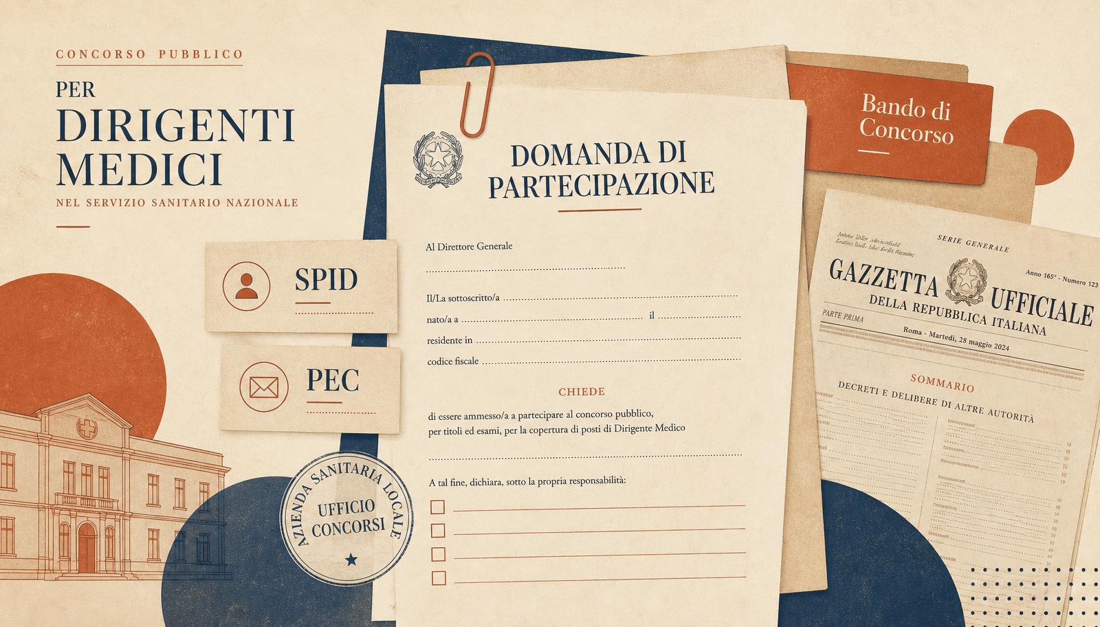 Collage editorial con una domanda di partecipazione, SPID, PEC y la Gazzetta Ufficiale