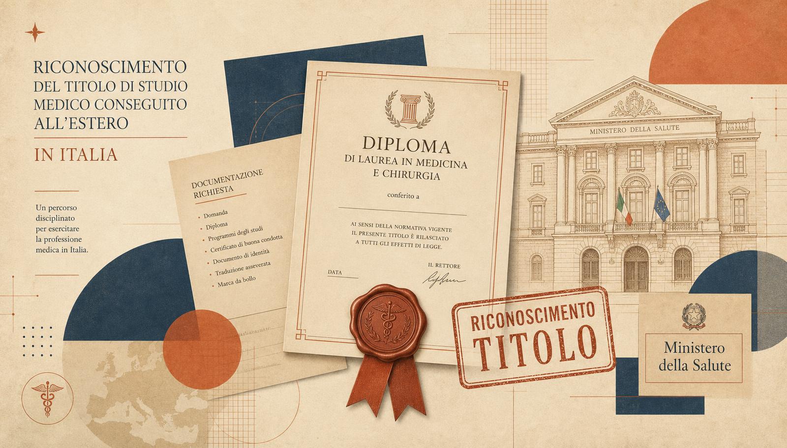 Collage editorial con un diploma di laurea in medicina, sello de riconoscimento titolo y el Ministero della Salute