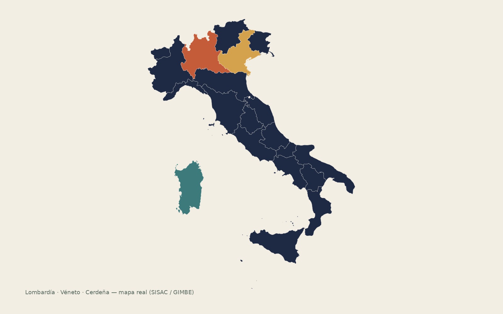 Mapa de Italia con Lombardía, Véneto y Cerdeña destacadas