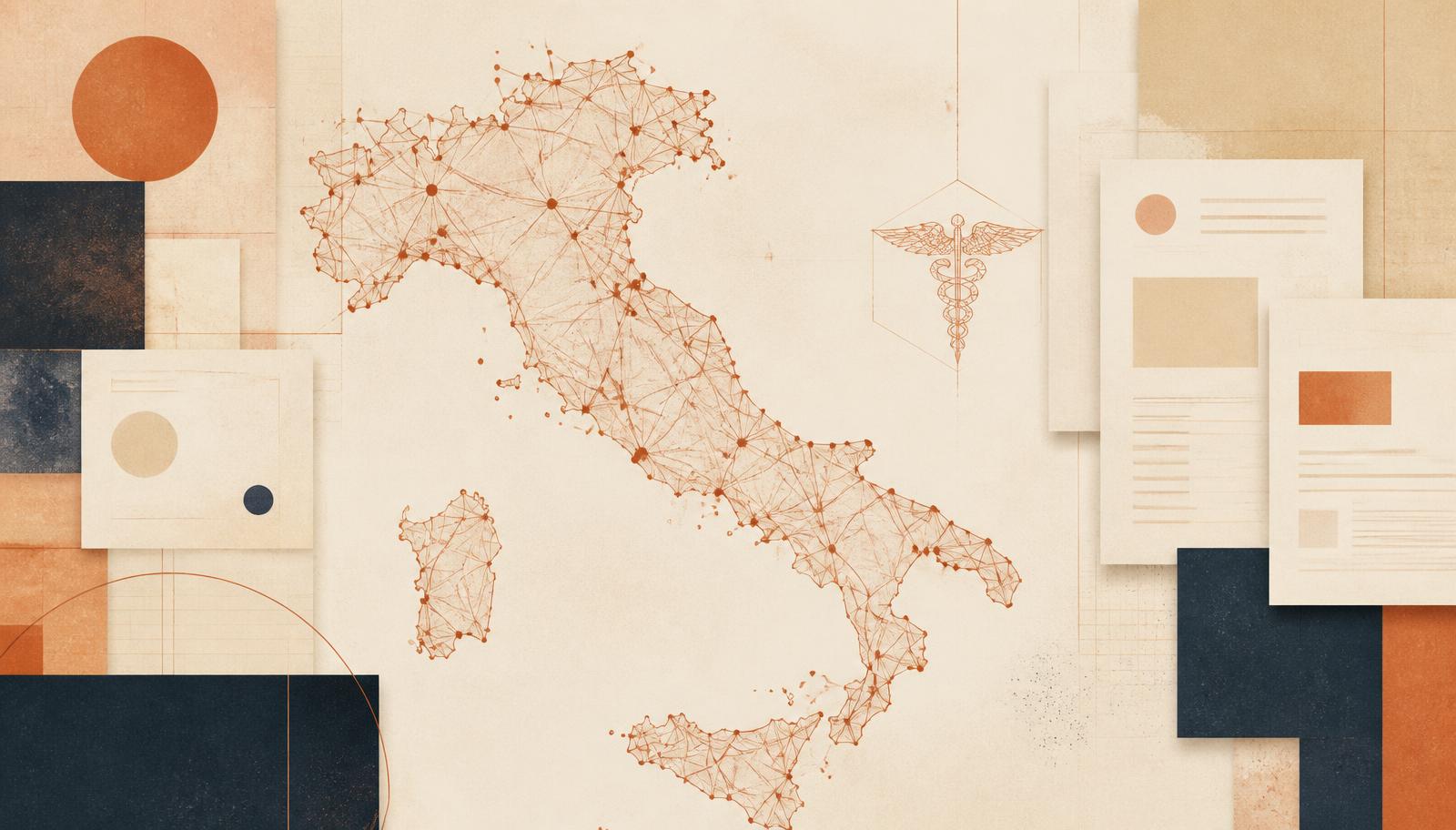 Mapa de Italia trazado como red de nodos junto a documentos de convocatorias médicas