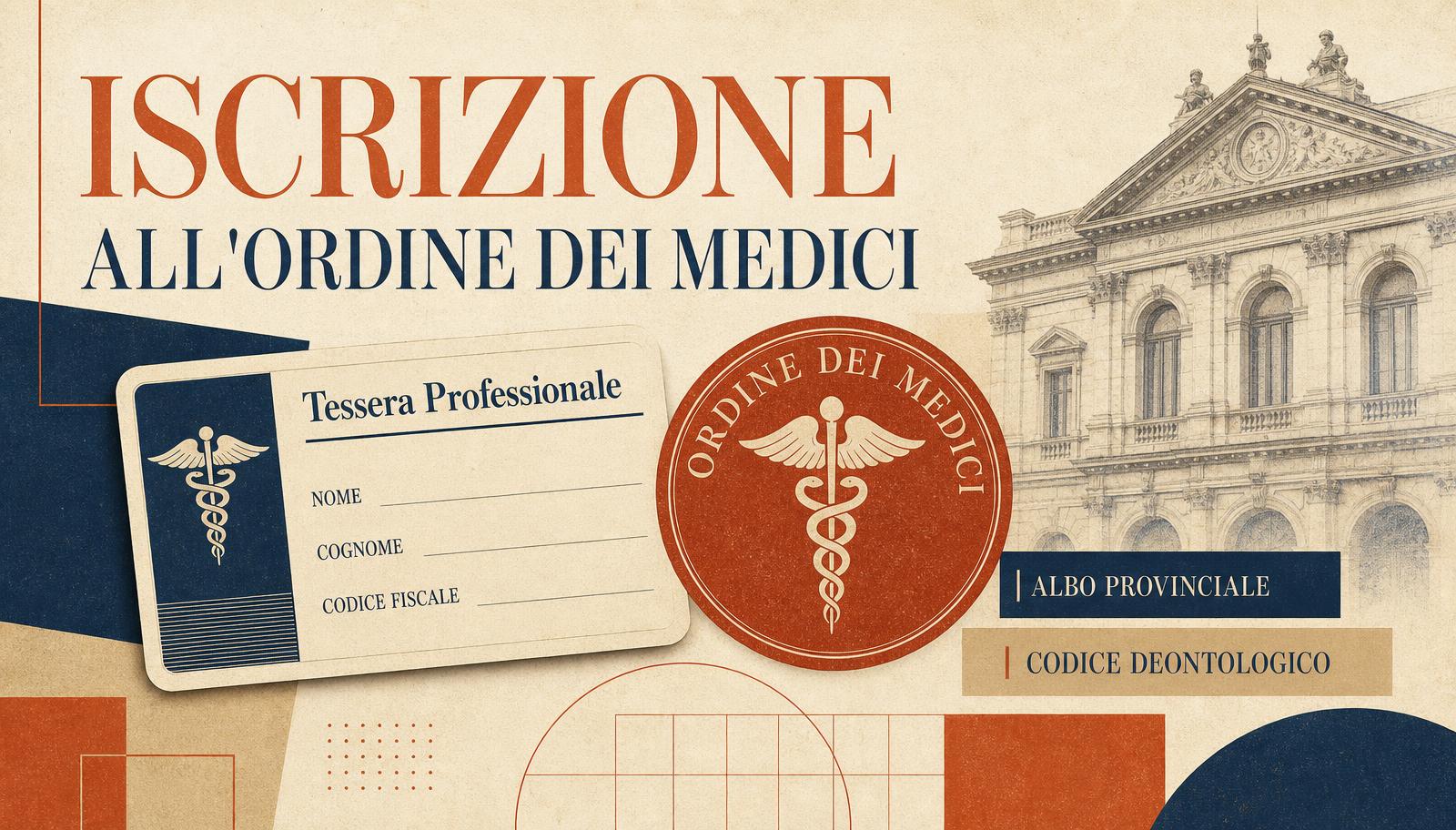 Collage editorial con la tessera professionale, el sello del Ordine dei Medici y el albo provinciale