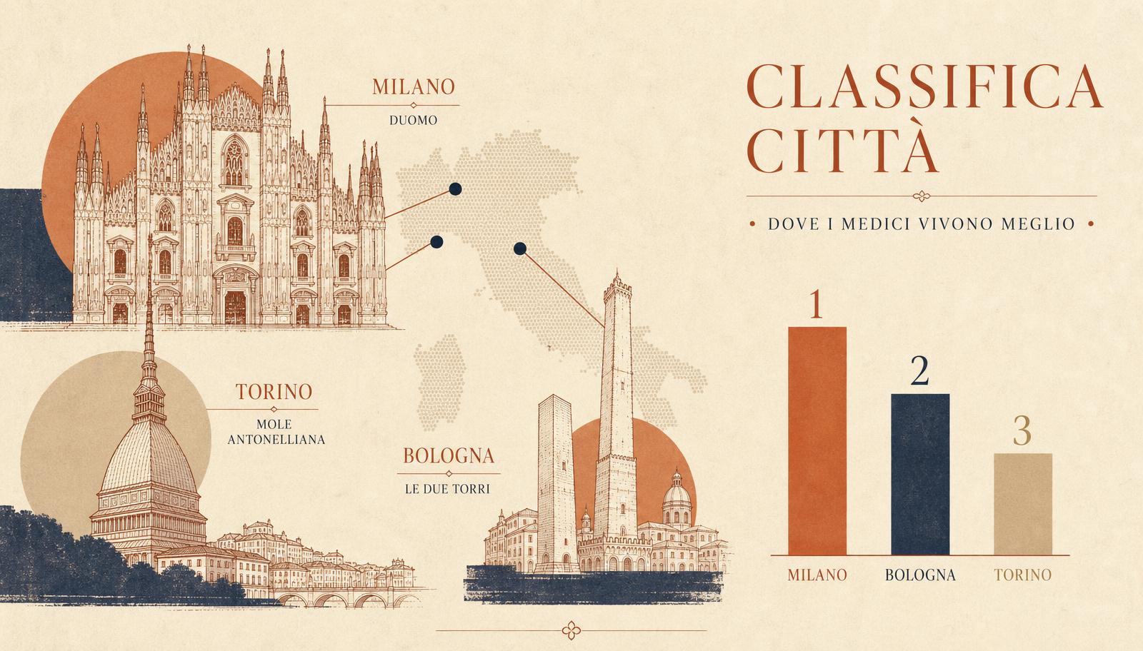 Collage editorial con el Duomo de Milán, la Mole de Turín y las torres de Bolonia junto a una classifica città