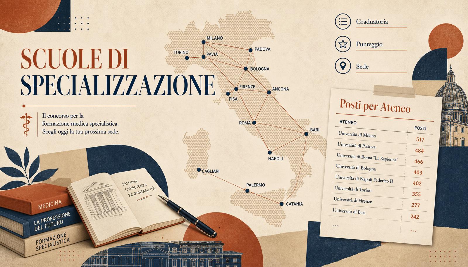 Mapa de Italia con barras de datos que representan plazas de especialidad médica por ciudad