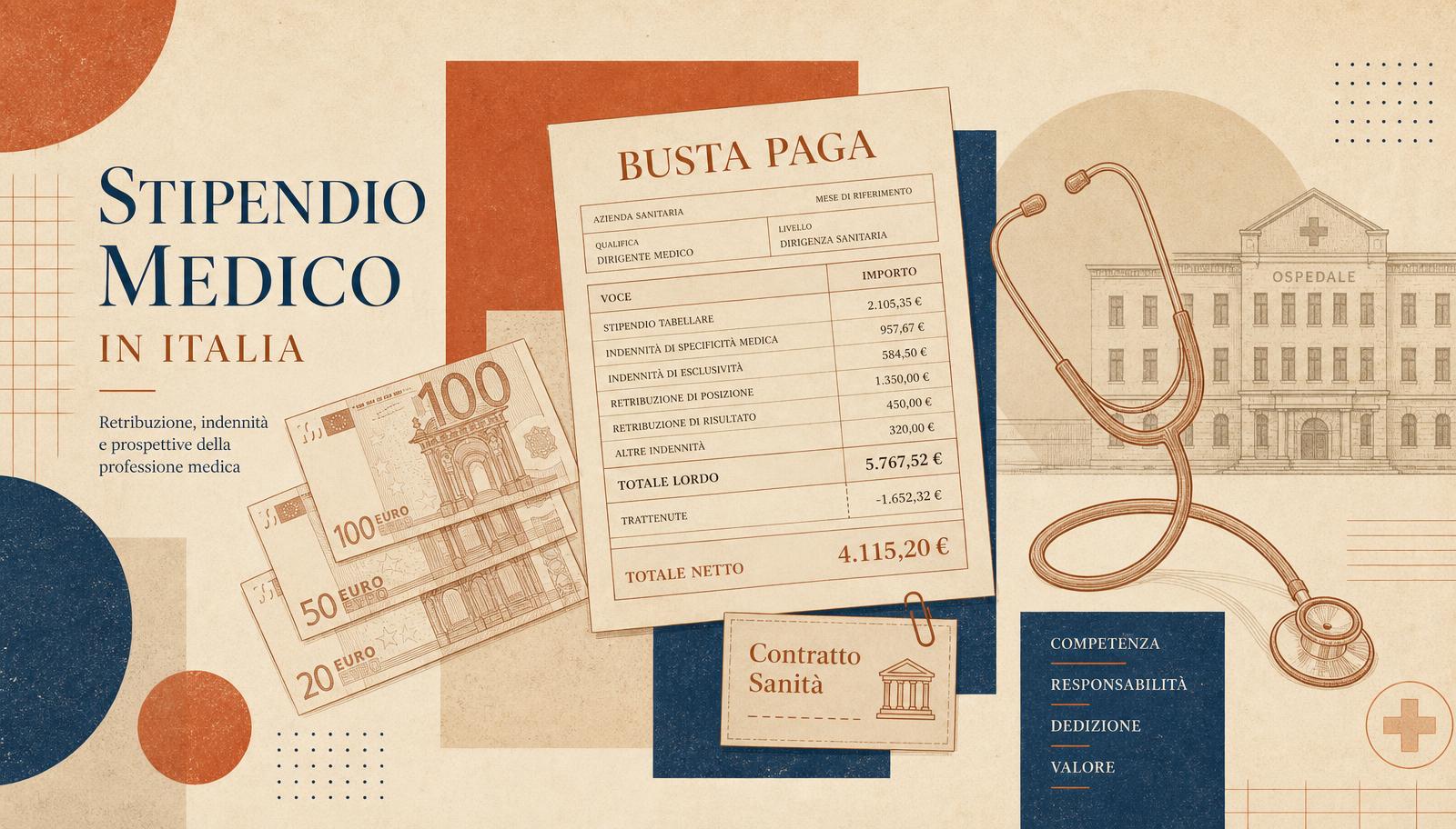 Collage editorial con una busta paga italiana, billetes de euro y un estetoscopio